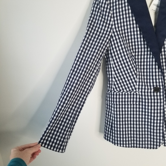 NWT J.Crew Puckered Gingham Navy White Blazer Size 0 Academia Preppy - Picture 13 of 16